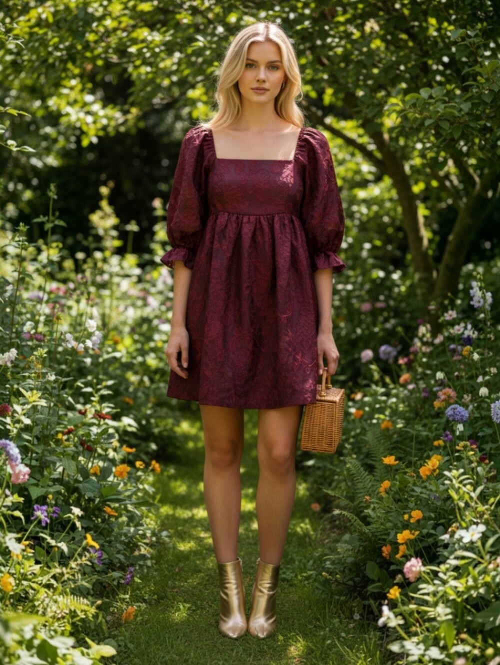 Allison + Kelly Burgundy Boho Babydoll Puff Sleeve Mini Dress Cottagecore Size S
